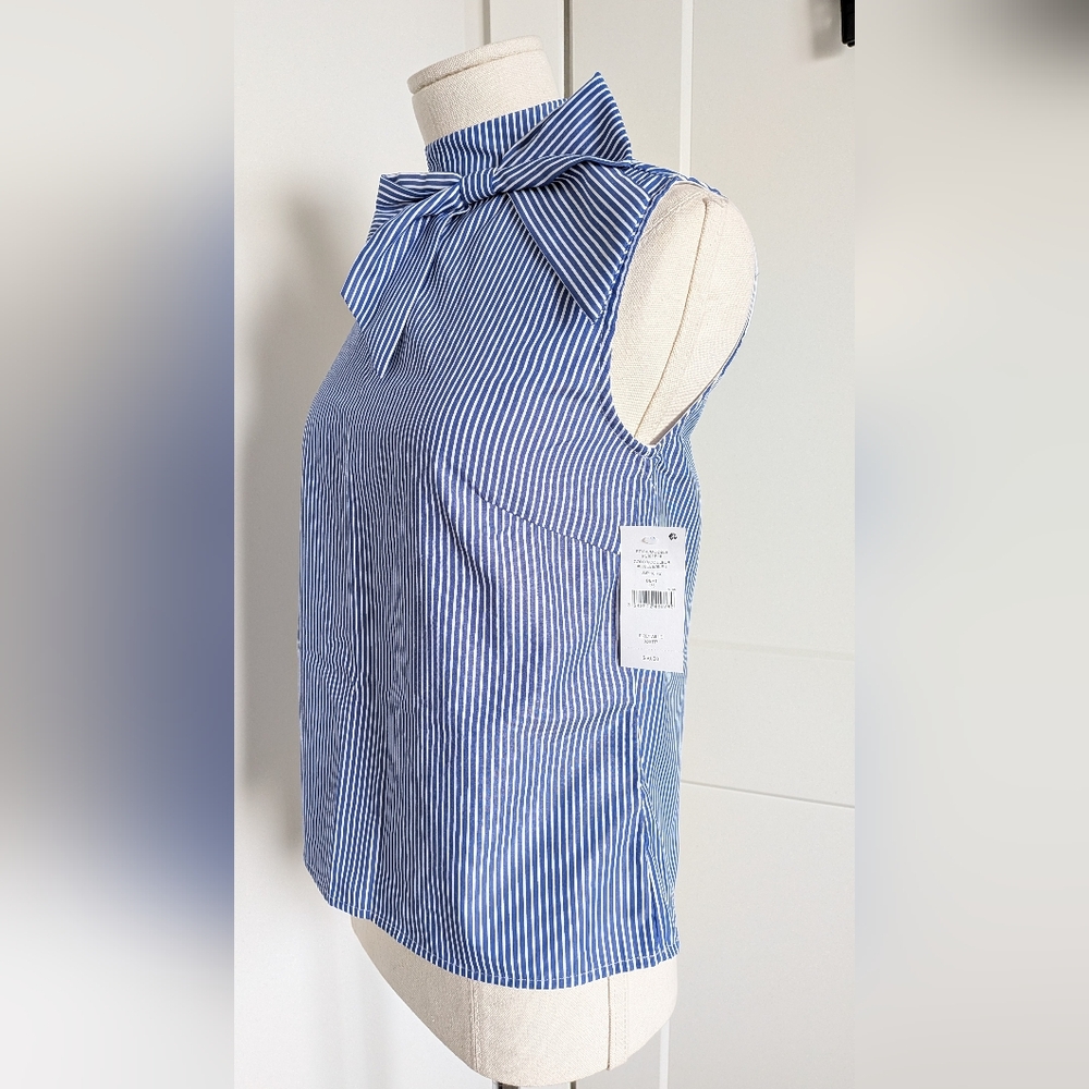 NWT Lili Sidonio Molly Bracken Bow Pinstripe Blue White Sleeveless Blouse Top XS - Picture 4 of 10